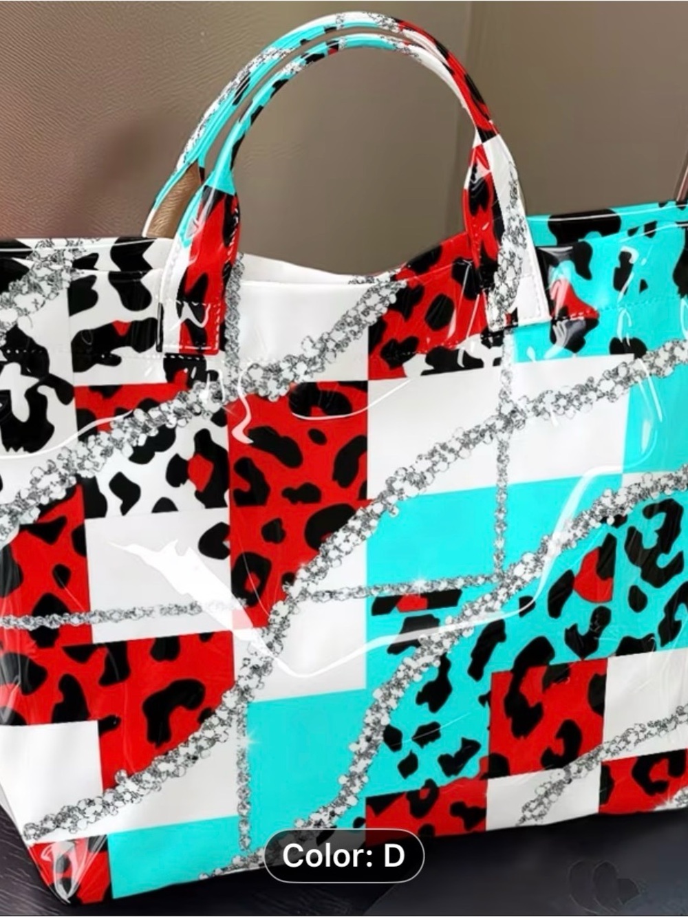 Women’s Colorblock Leopard Print Tote Bag — Turquoise/Red/White
